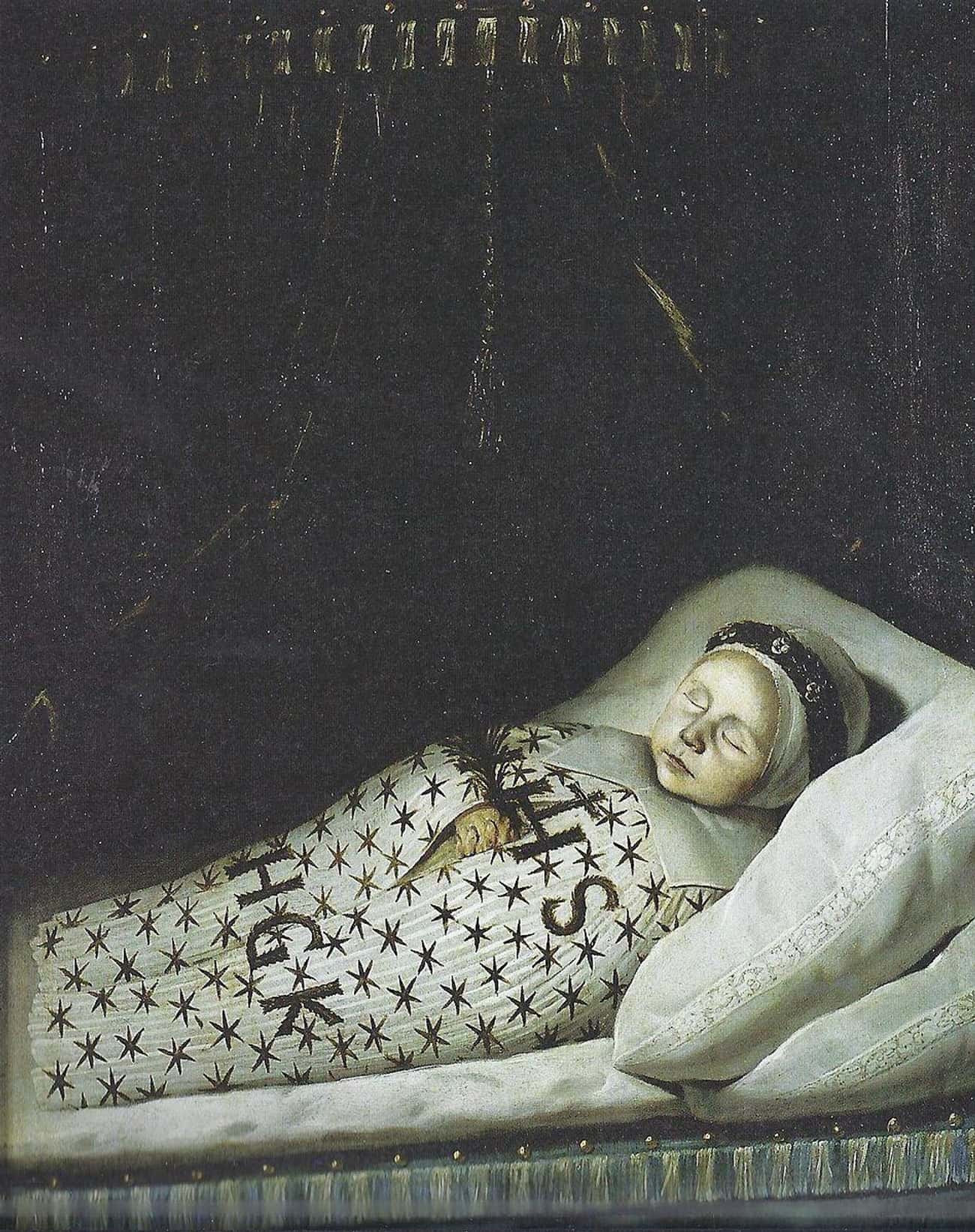 'Portrait of a dead child wearing a mourning wreath around its head' By Jan de Stomme, 1654