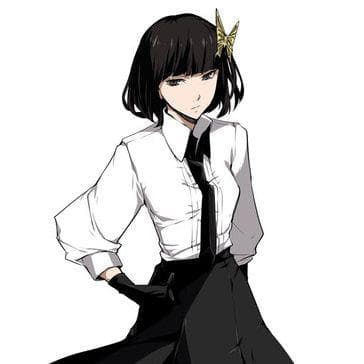 Black-haired female anime character sitting beside sword