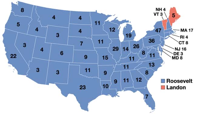 1936: Franklin D. Roosevelt vs is listed (or ranked) 10 on the list These Maps Of Every Election In The Past Century Show How Dramatically America Has Changed