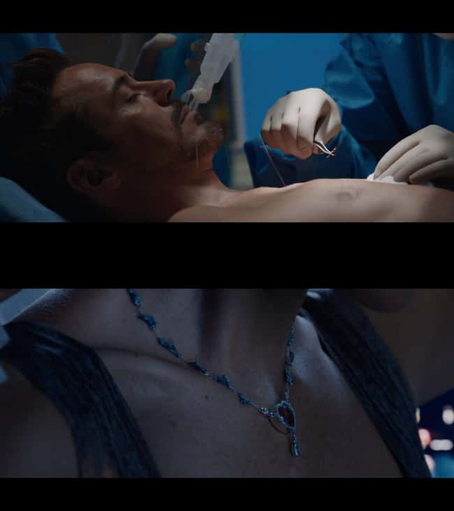 Tony gave the Shrapnel in his chest as a necklace to Pepper.