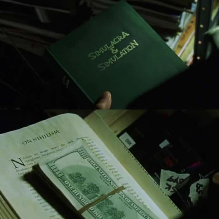 In The Matrix, we all know Neo opens the book Simulacra and Simulation,  which is about how human experience is of a simulation of reality. But he  opens the chapter to On