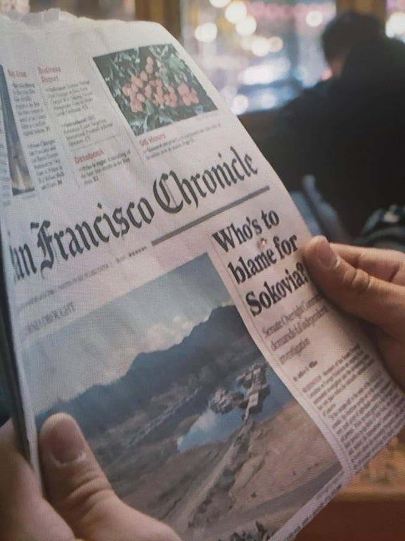 The front page of the 'San Francisco Chronicle' features an article on Sokovia from the events of 'Age of Ultron.'