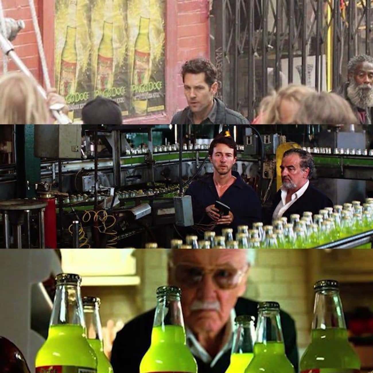 A picture of the soda company that Bruce Banner worked at and Stan Lee drank appears on a poster next to Scott Lang.