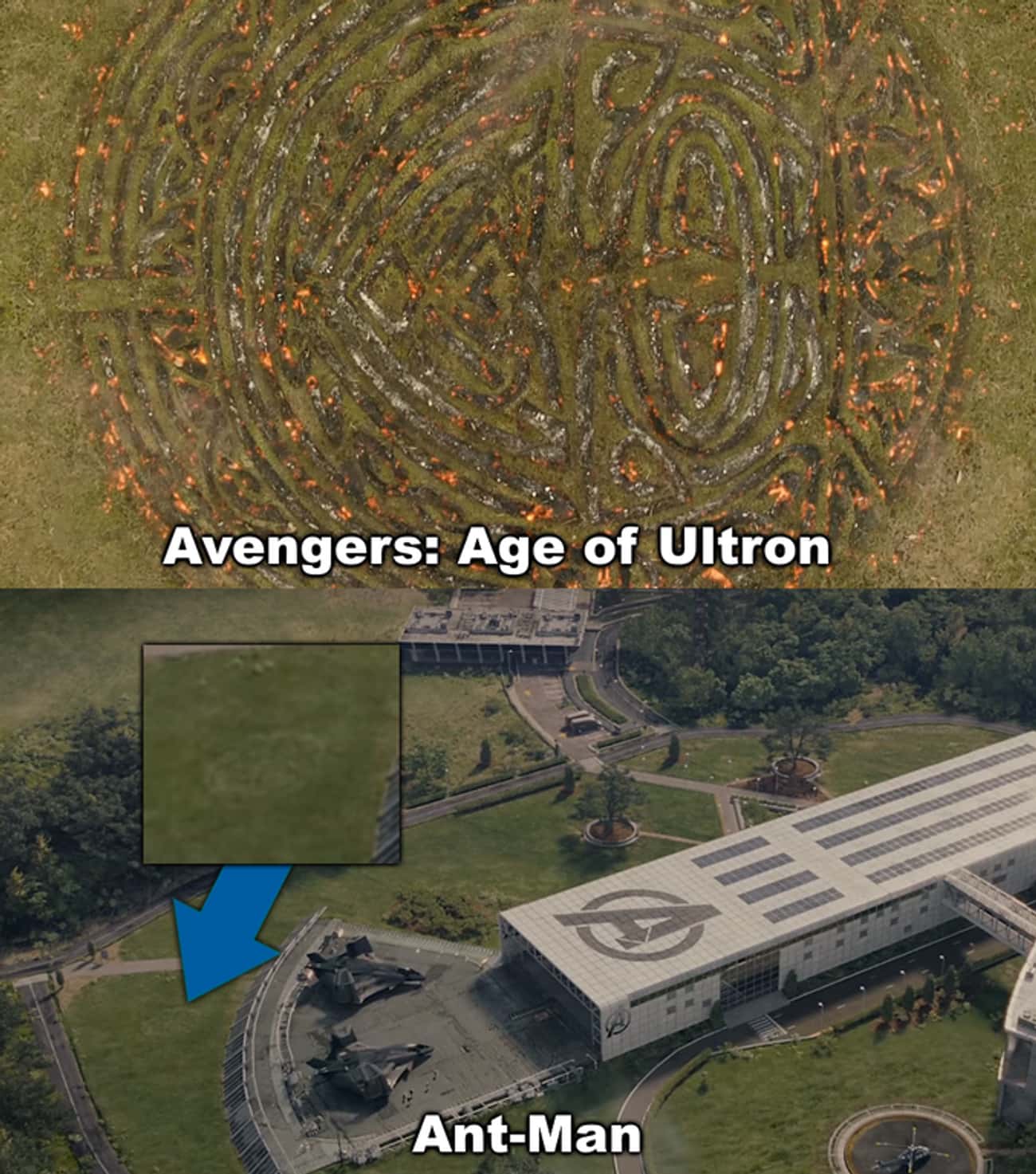 A shot of the symbol Thor left in the grass upon returning to Asgard at the end of 'Avengers: Age of Ultron' can be seen when Scott visits the Avengers Campus.