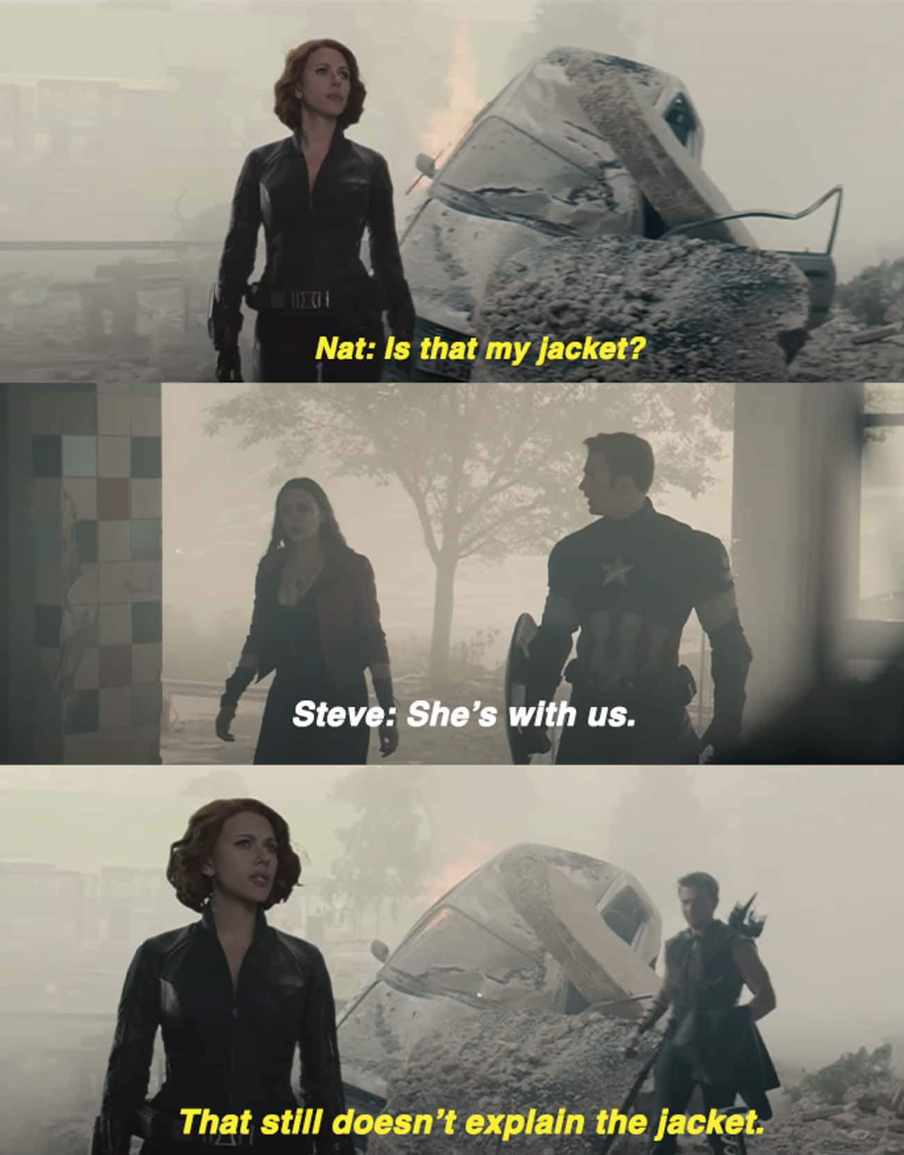Black Widow Wonders Why The Scarlet Witch Is Wearing Her Jacket (Age Of Ultron)