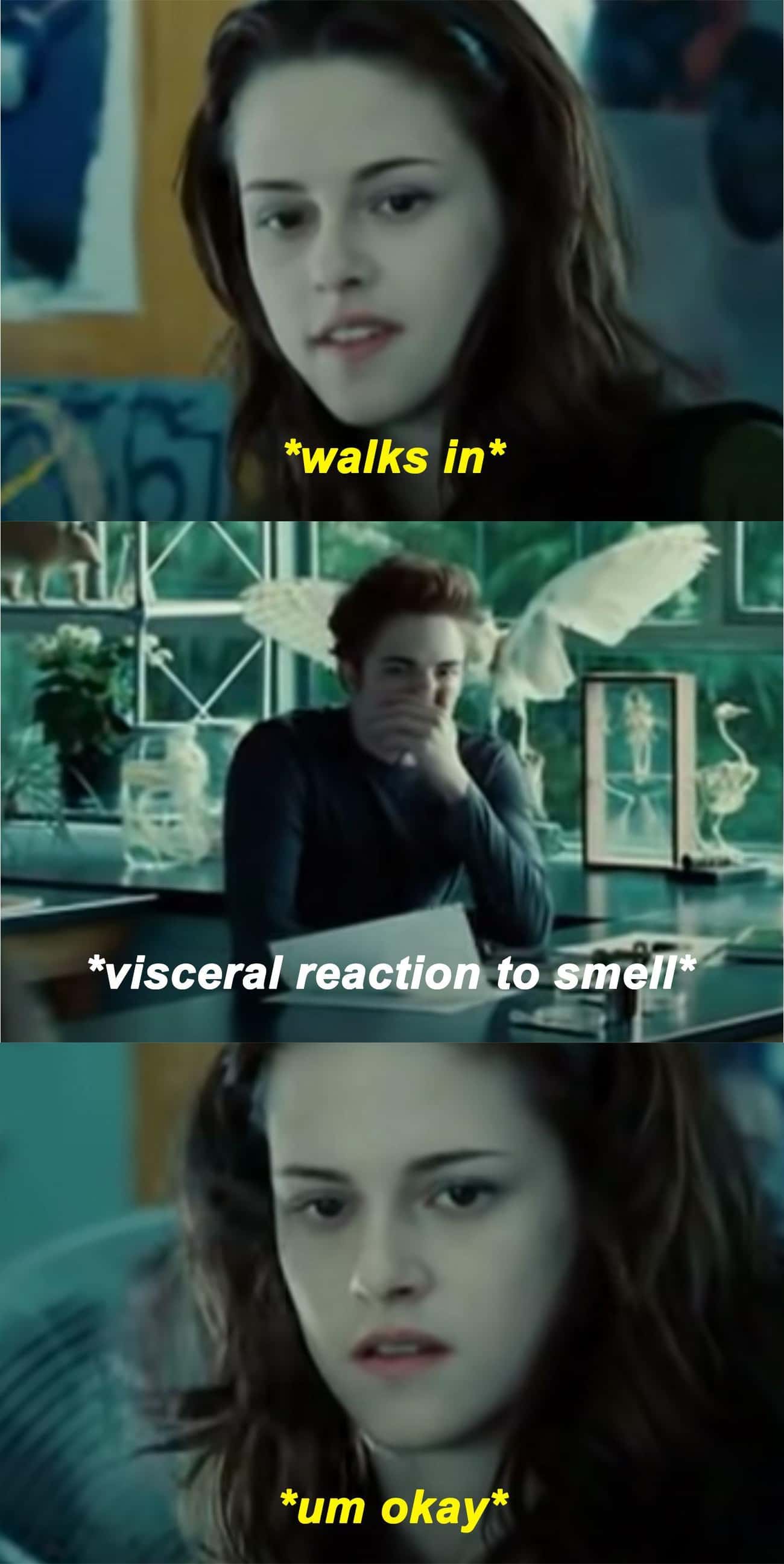 Edward Cringes And Covers His Nose The Moment Bella Walks Into The Classroom
