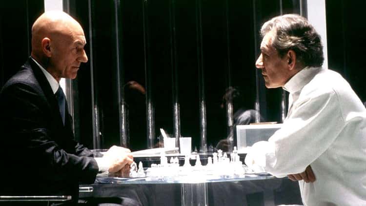 In “X-Men” (2000), the ways that Xavier and Magneto play chess at the end  of the film mirrors their overall strategies. Magneto (clear pieces) is  willing to sacrifice his pawns for the