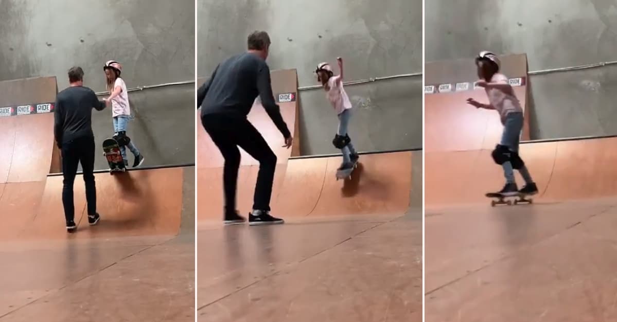 Tony Patiently Waits And Fist Bumps His Daughter While She Over Comes Her Fear Of Dropping In