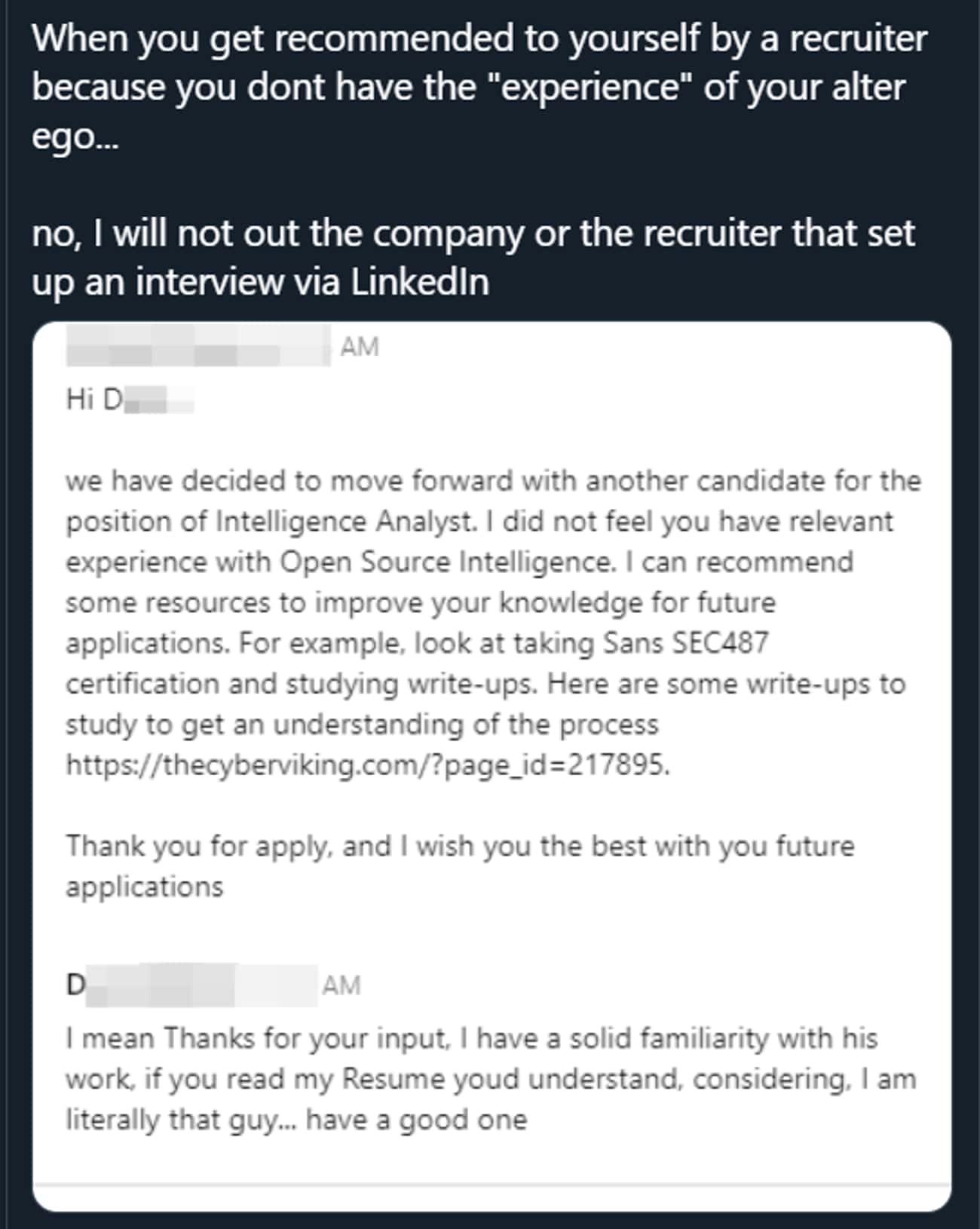 Recruiter Rejects Job Candidate And Suggests That He Studies Documents Written By...That Very Candidate
