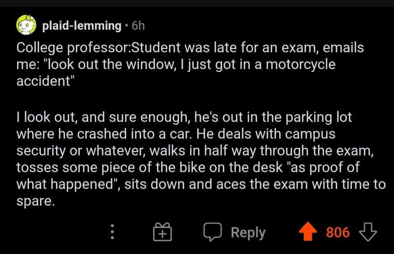 Student Gets Into Accident And Shows Up Late For Exam, Finishes With Time To Spare
