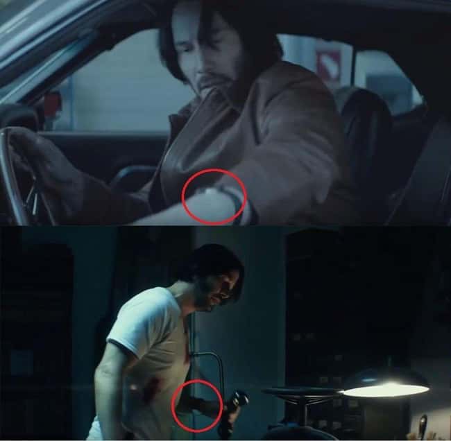 13. Before the action begins in John Wick (2014), John wears his wristwatch as usual. However, when he enters "battle mode," he wears them face inside the wrist, as soldiers typically do. 