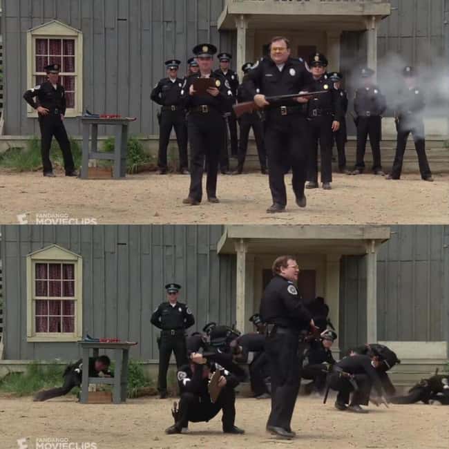 11. Barbara, a cadet in Police Academy (1984), misfires and foolishly points the gun at the other cadets. Cadet Tackleberry, the only one who didn't seek cover, is a gun nut who knew the shotgun hadn't been cocked, and there was no round chambered so that it couldn't be fired again.