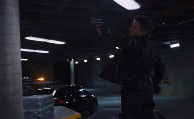 7. Even though Hawkeye is firing a gun at Maria Hill in The Avengers (2012), he positions his body with his shoulder blades far back, just as if he were firing a bow and arrow. The traditional 'cup and saucer' method.