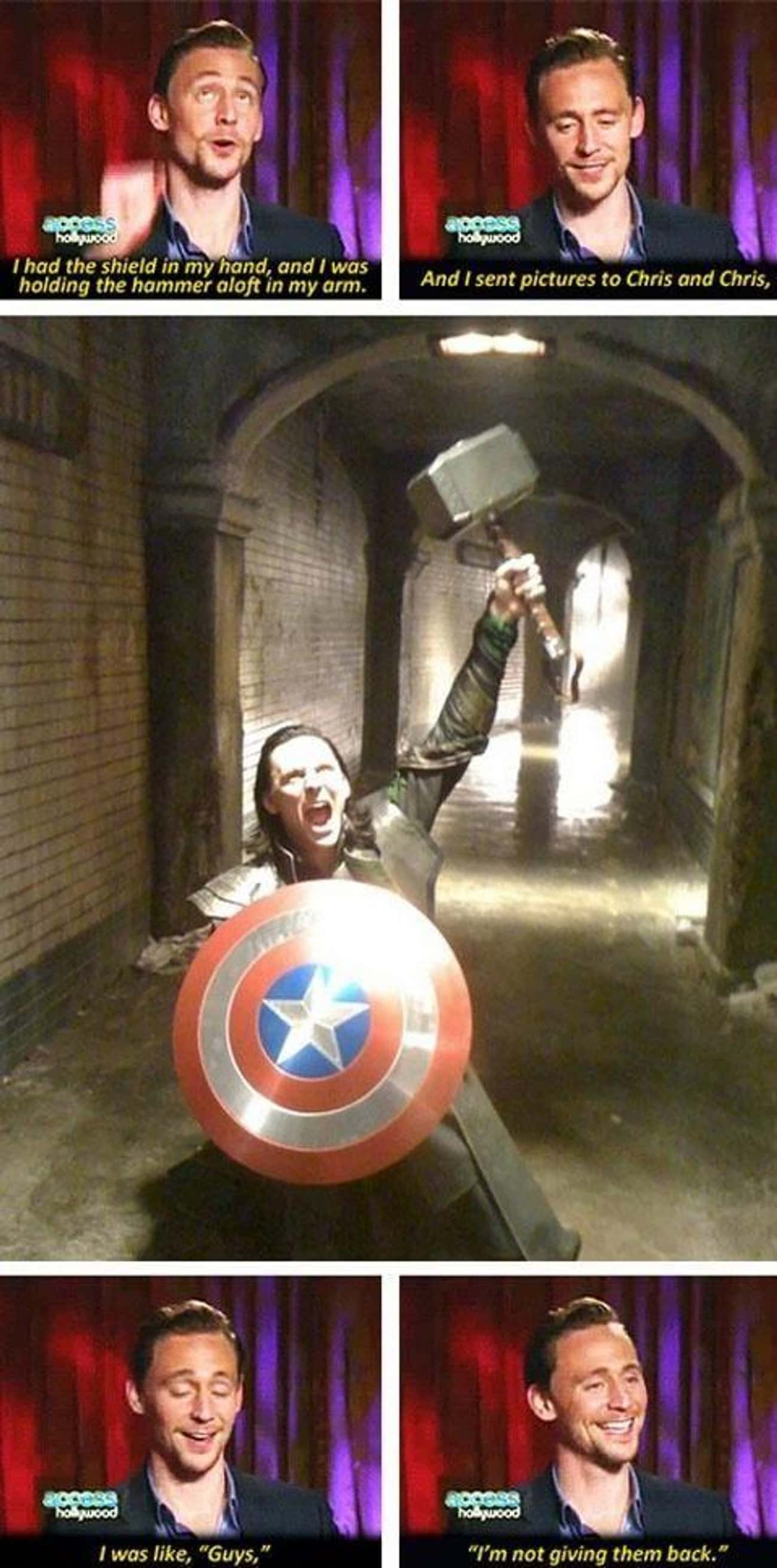 Tom Hiddleston Stole Thor's Hammer And Captain America's Shield And Sent A Picture To The Respective Actors