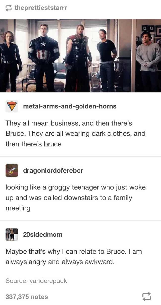 Photo: princessbookworm / Tumblr / Bruce Banner being Bruce Banner