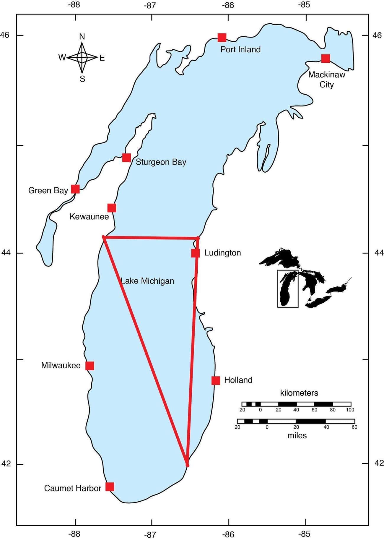 The Lake Michigan Triangle Stretches From Manitowoc, WI, East To Ludington, MI, And South To Benton Harbor, MI 