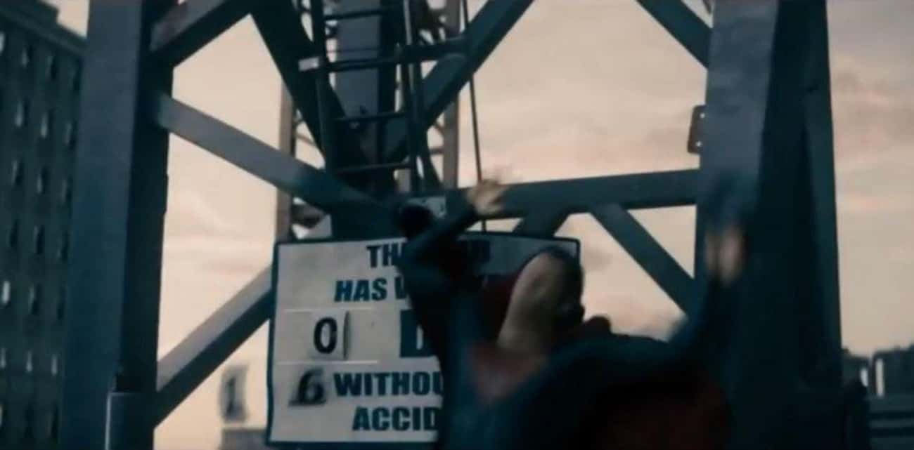In 'Man of Steel,' When Zod Knocks Superman Into A Workplace “Days Without An Accident” Sign, Two Of The Numbers Fall Off To Reveal Zero Days