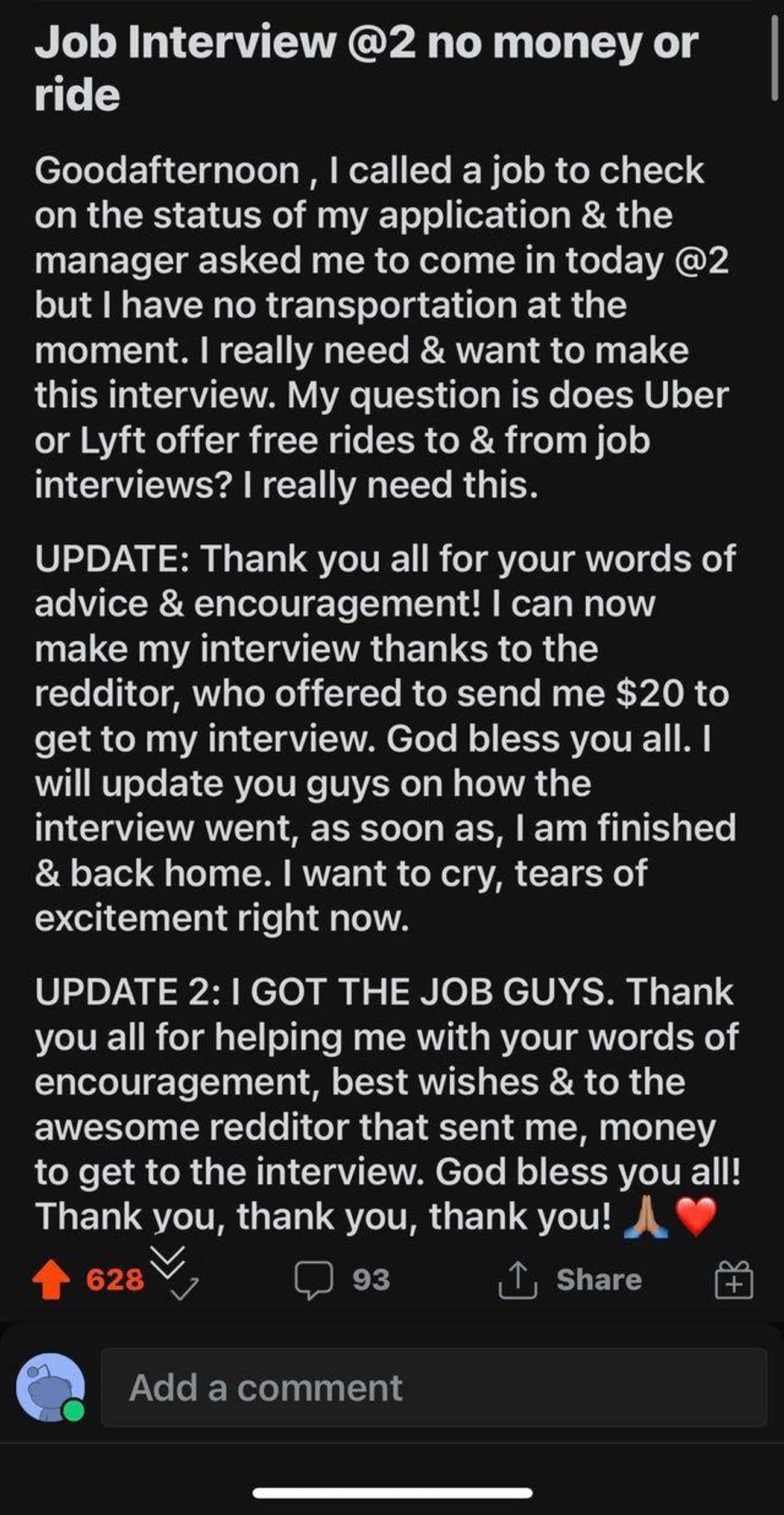 Internet Stranger Sends Someone Uber Money So That He Can Ride To His Job Interview