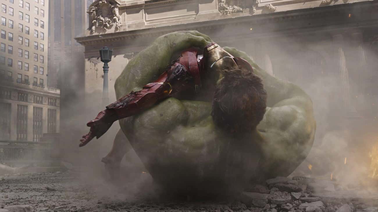 Hulk Catches Iron Man When He Falls Out Of The Portal Above New York In ‘The Avengers’