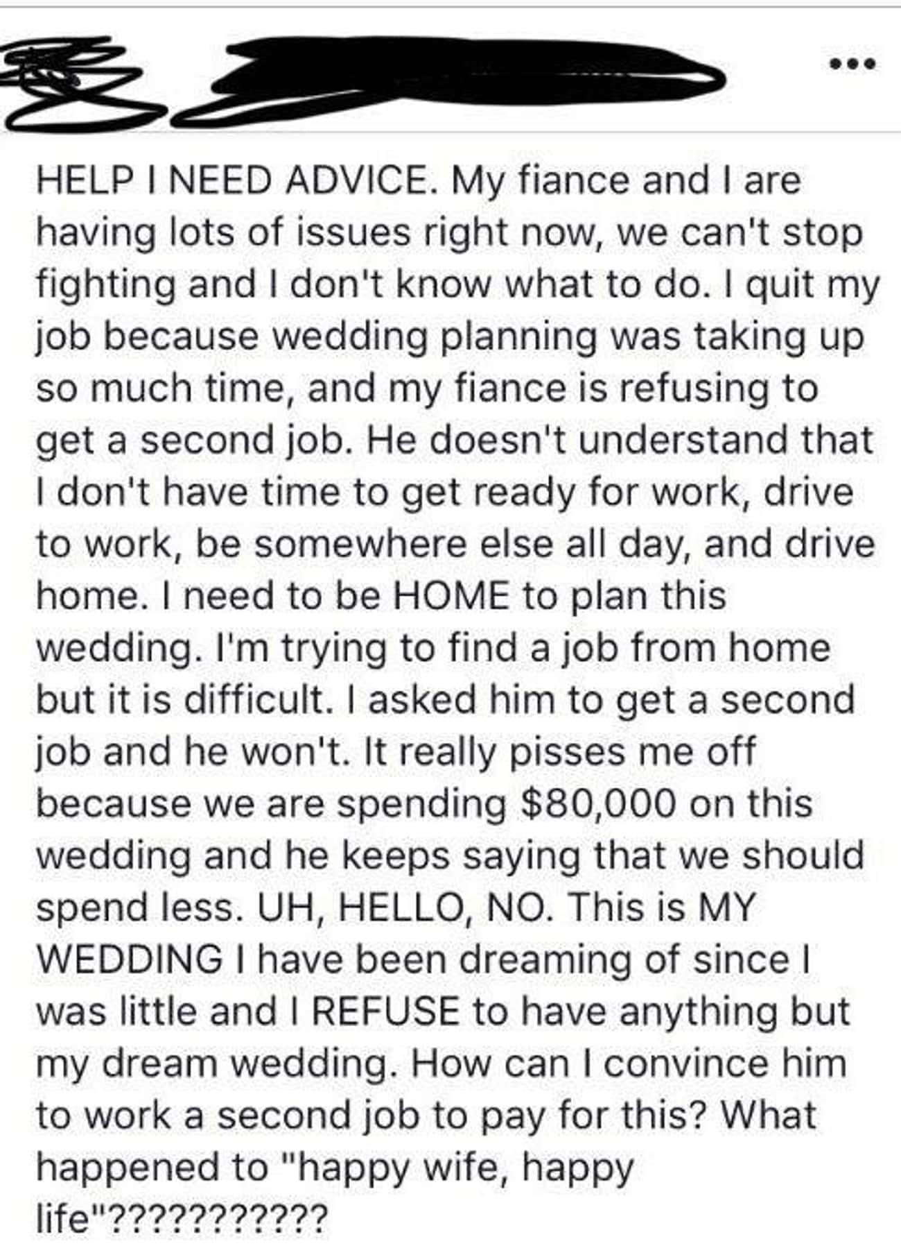 Future Spouse Is Mad Because Partner Will Not Work A Second Job To Fund Their $80,000 Wedding