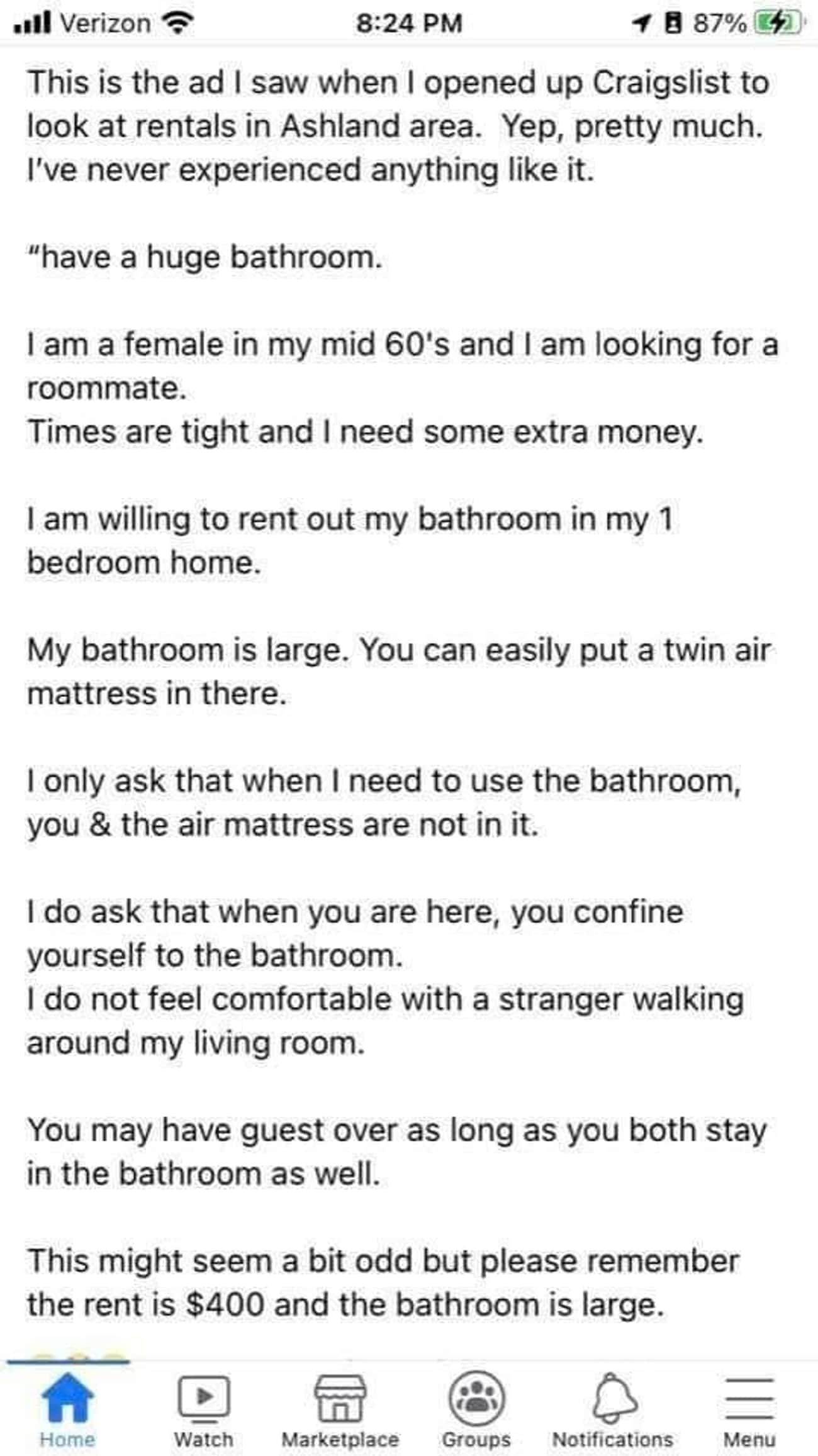 Aspiring Landlord Wants People To Live In Her Bathroom, But To Leave While She's Using The Toilet