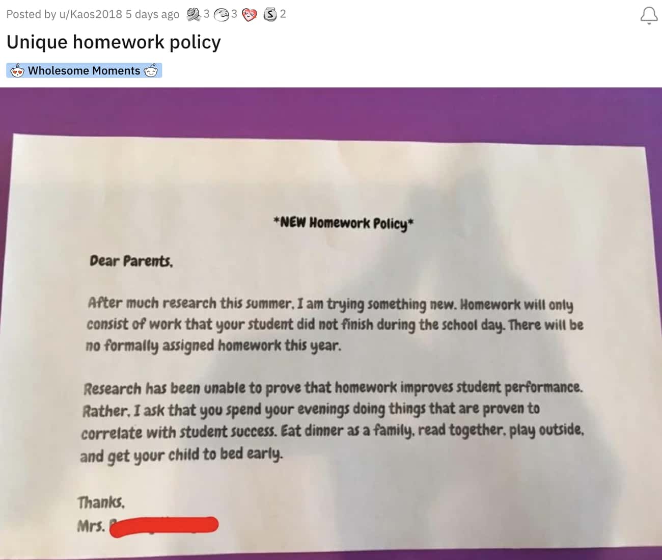 A Different Outlook On Homework From This Teacher