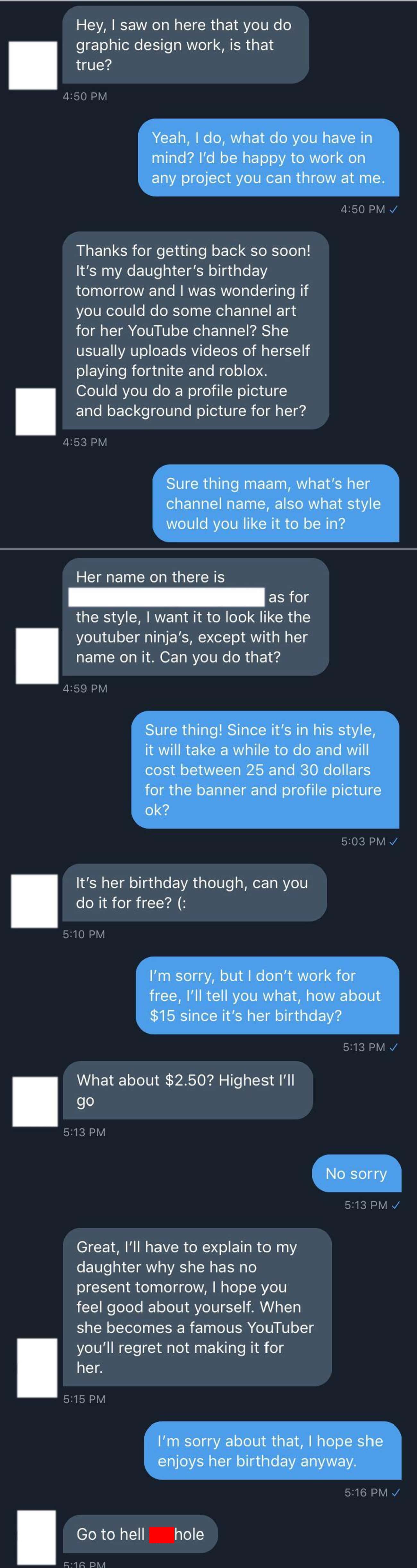 Graphic Design Client Doesn't Want To Pay Because It's Her Daughter's Birthday