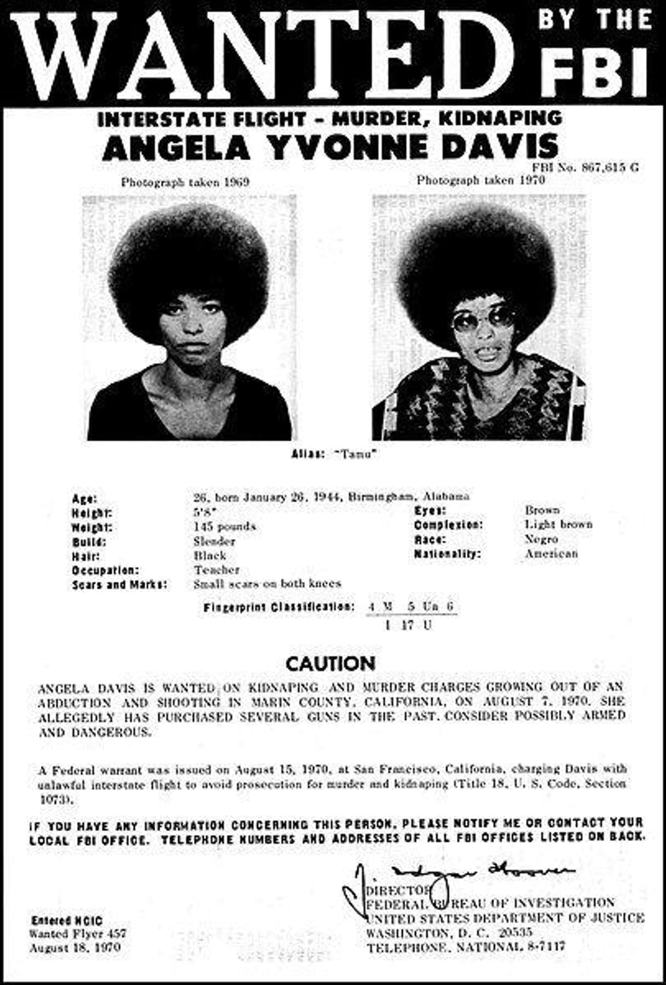Angela Yvonne Davis: Added 8/18/70, Arrested 10/13/70 