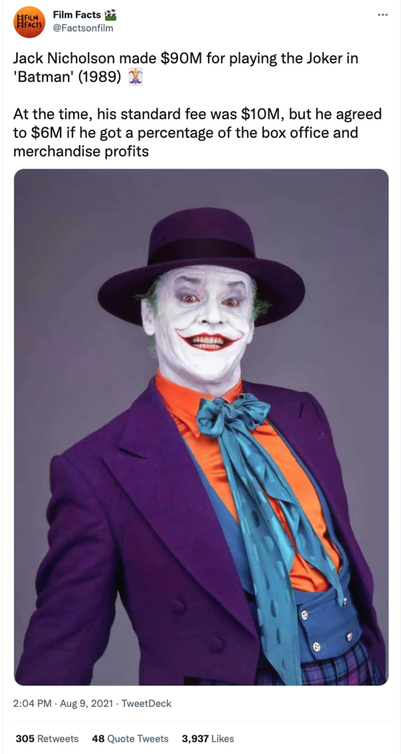 Jack Nicholson Made $90M For Playing The Joker In ‘Batman’ 