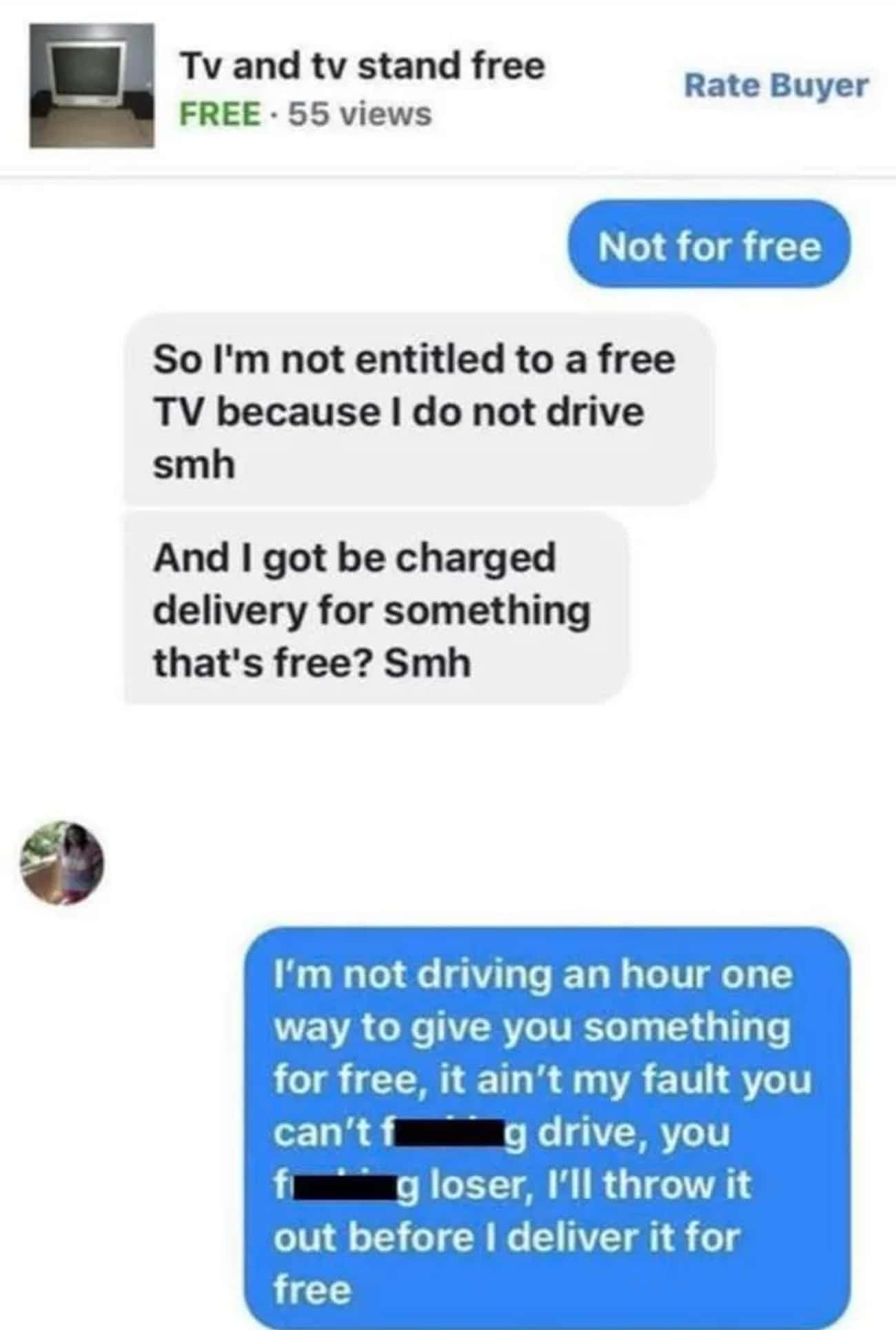 Buyer Is Angry Because Free TV Doesn't Come With Free Delivery
