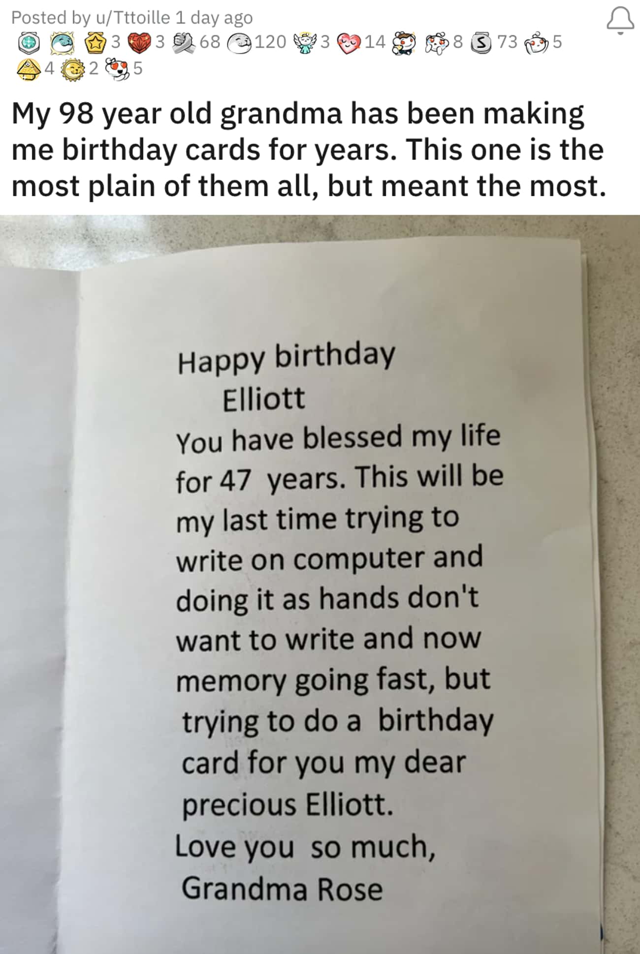 A 98-Year-Old Grandmother's Birthday Card To Her Grandson