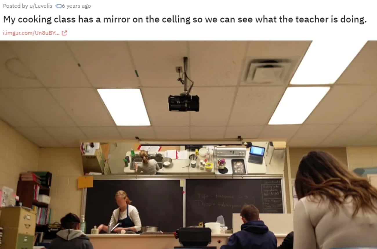 A Mirror To See What She's Doing In Cooking Class