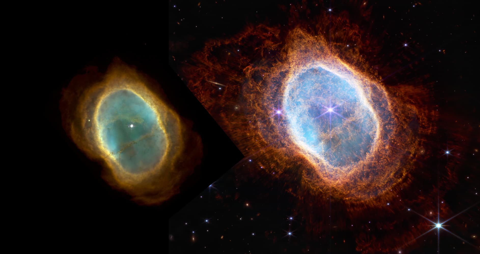 The Southern Ring Nebula (Hubble Vs. JWST)