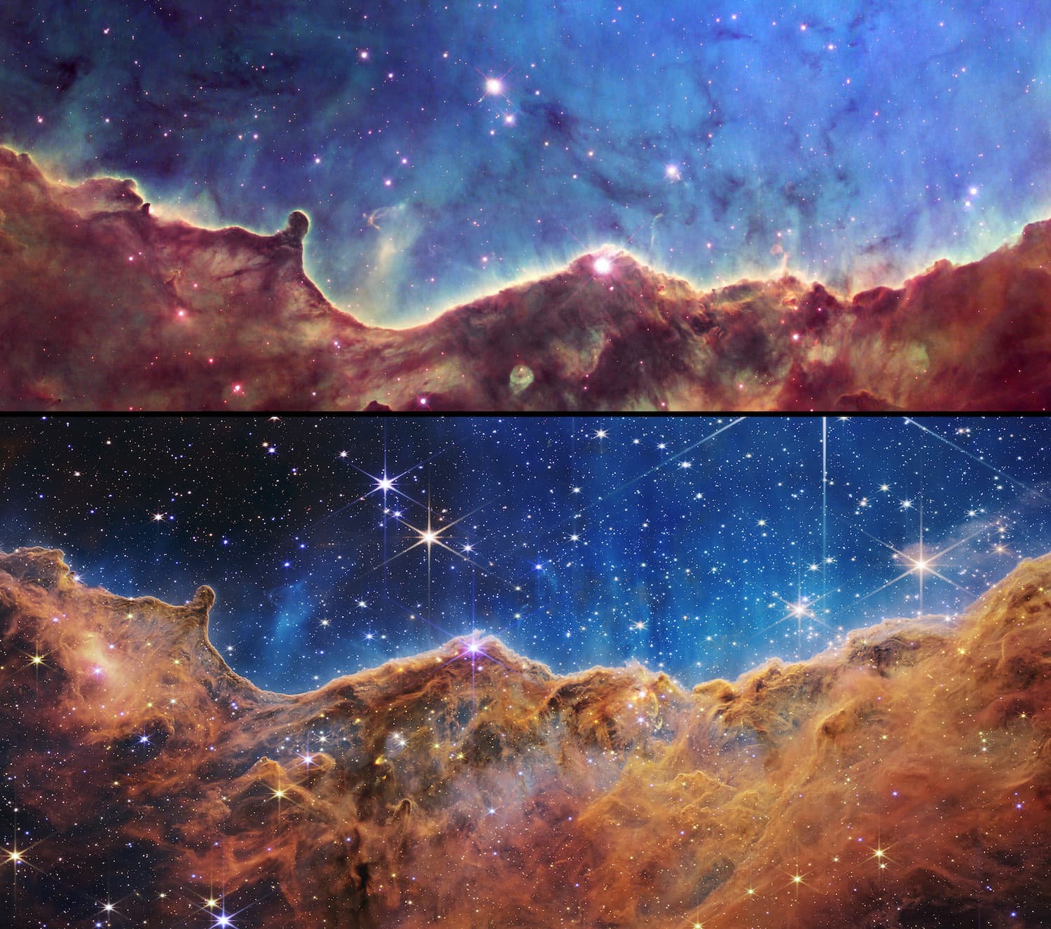 The Carina Nebula (Hubble Vs. JWST)