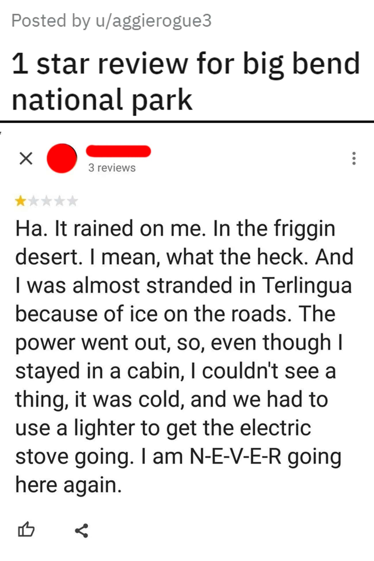 Giving A One-Star Review Because Of The Weather