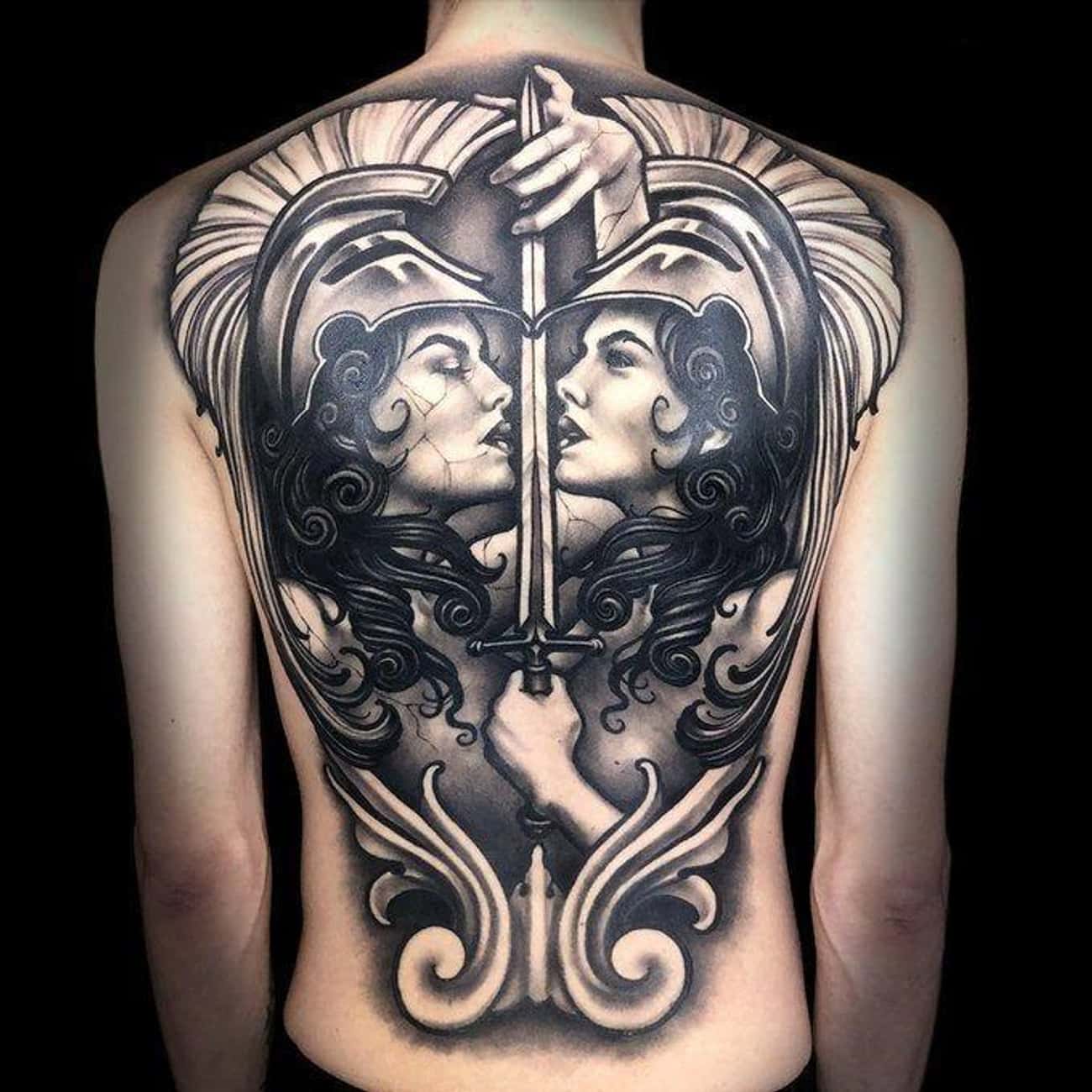 Black and Gray Female Warriors Back Piece