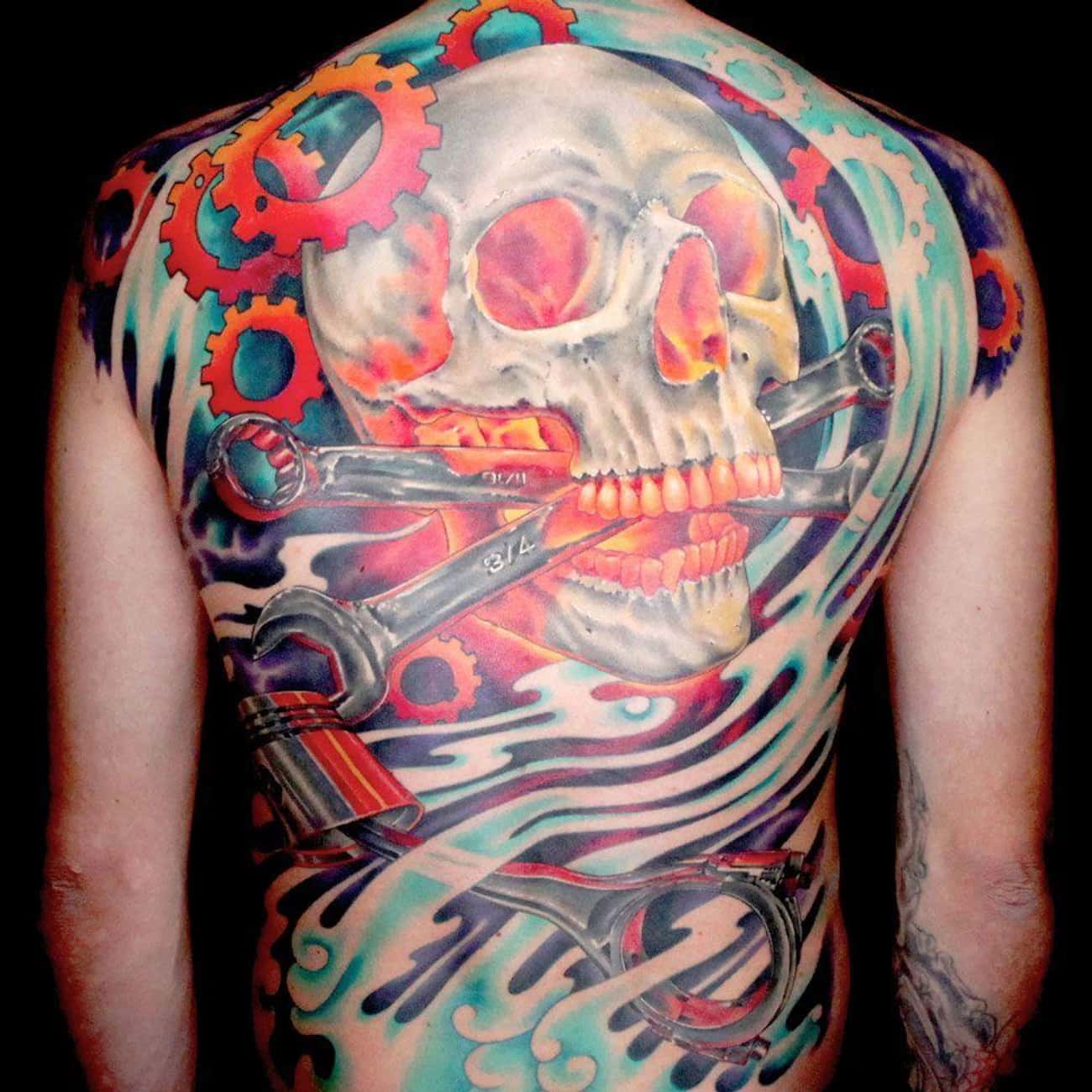 Color Realism Skull w/ Hot Rod Aesthetic Back Piece 