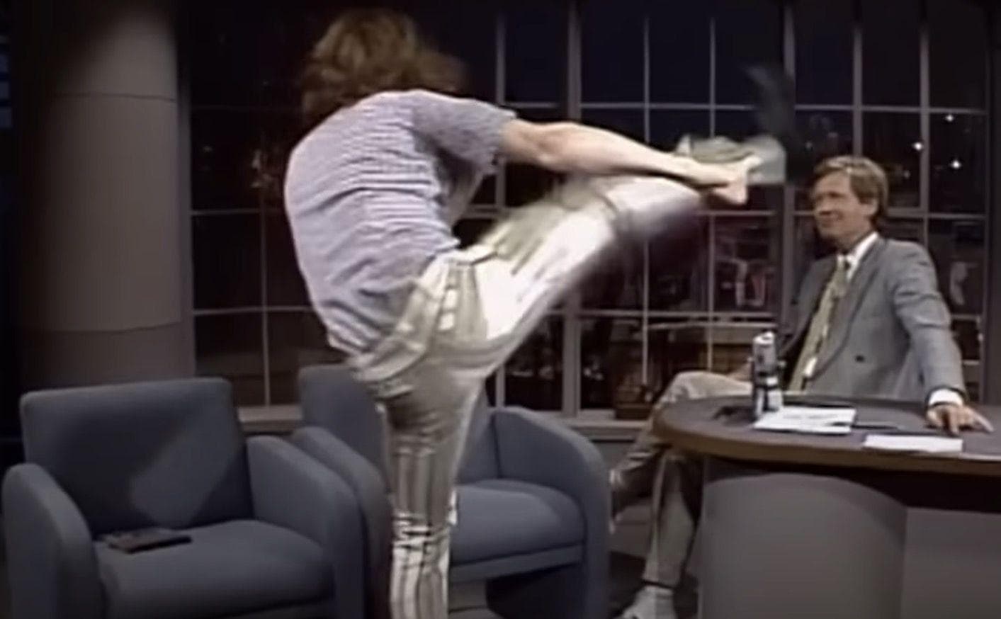 Crispin Glover Kicks At Letterman's Face During His Interview