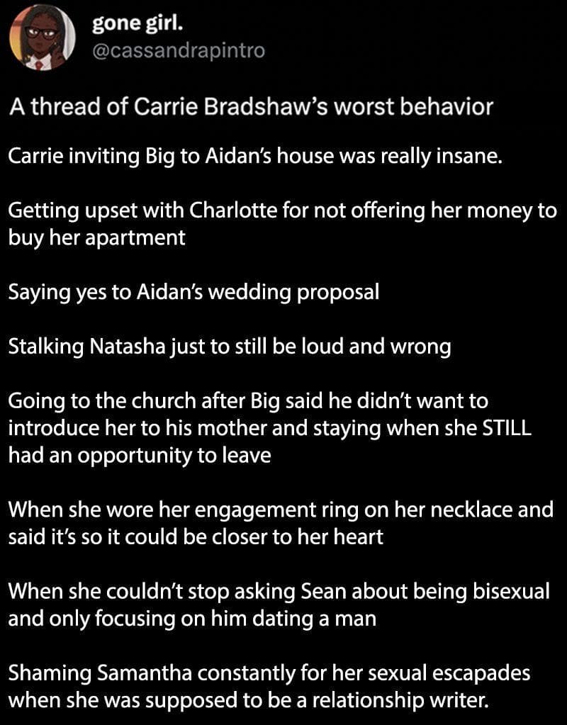 23 Hilarious Tweets About Carrie Bradshaw That Are As Chaotic As Her ...