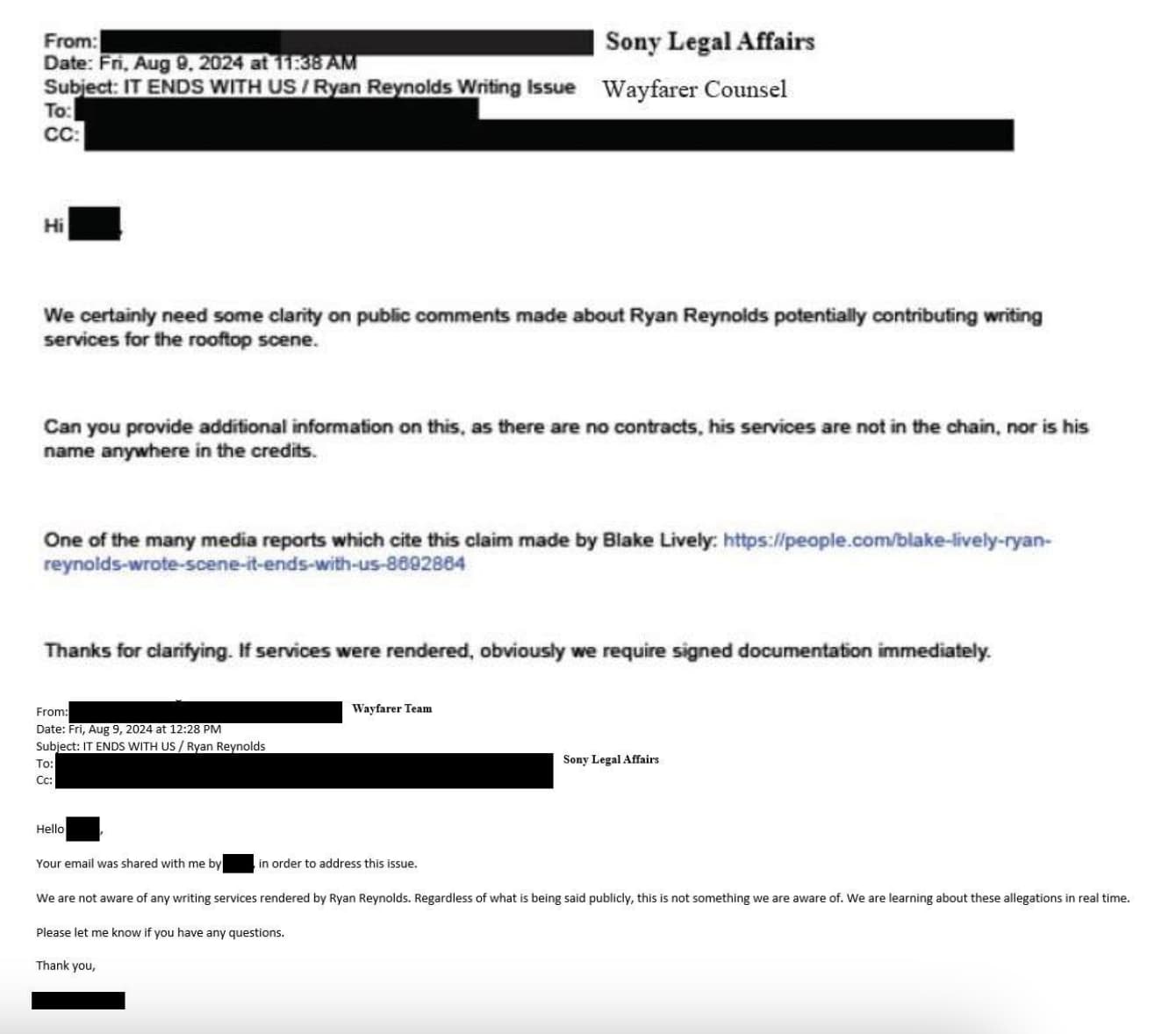 'We Are Not Aware Of Any Writing Services Rendered By Ryan Reynolds'