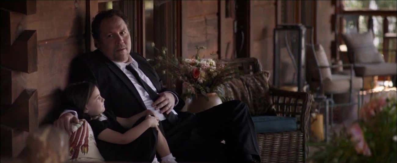 Happy Hogan comforting Tony Stark's daughter at his funeral in Endgame MCU